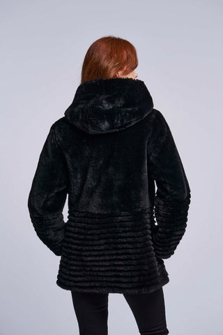 431HD Genuine shearling hooded coat reverses to all weather micro-fiber