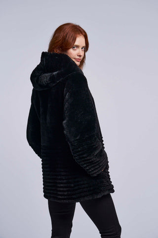 431HD Genuine shearling hooded coat reverses to all weather micro-fiber